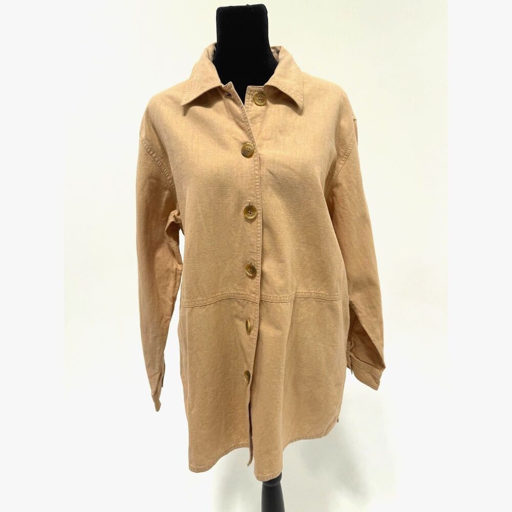 Style Studio tan linen long sleeve button up shirt / shacket